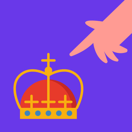 Royal King golden crown with hand on blue background. Flat vector illustration.のイラスト素材