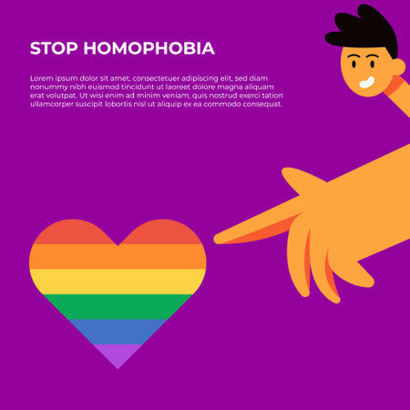 Stop Homophobia. May 17 LGBT Pride rainbow hand protest symbol. Man points on heart. Flat vector illustration.のイラスト素材