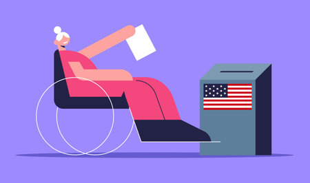 Election Day. Old Voters vote at the polling station. People with disabilities place paper ballots in the ballot box. Flat vector illustration.のイラスト素材