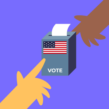 Election Day USA. Voters with different nationalities vote at the polling station. Different occupations voters casting ballots. People place paper ballots in the ballot box. Flatのイラスト素材