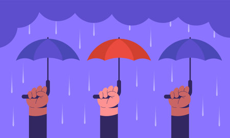Group Of Hands Holding Umbrellas Over Storm. Huge Rain Background. Hurricane Tornado In Town. Natural Disaster Concept Vector Illustration.のイラスト素材
