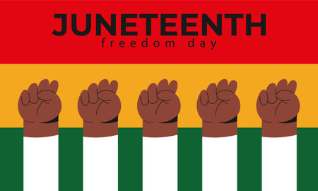 Juneteenth Freedom Day. June 19 2024. People's fists raised up. African American Liberation Day. Black, red and green. Flat vector illustration.のイラスト素材