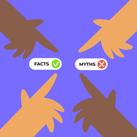 Facts versus myths. Myths facts icons and different nationalities people. Banners with true or false facts. Emblem or badge. Flat vector illustration.のイラスト素材