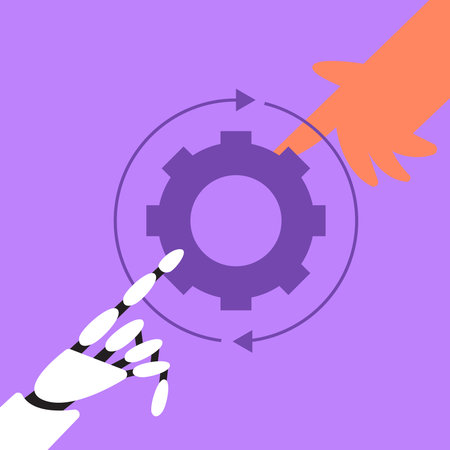 System update. Character programmer update the operating system with robot. System maintenance, software and program updates, technology. Flat vector illustration.のイラスト素材