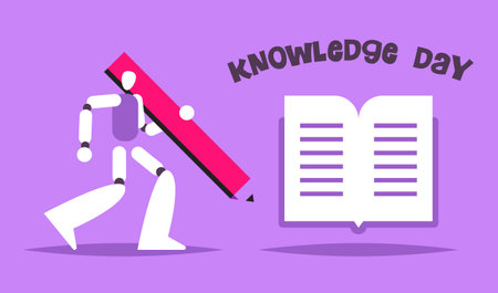 Back to school Knowledge day with Robot. Posters for education, learning, reading book, school, bookstore. International education day, world book day, teachers day. Flat Vector ilのイラスト素材