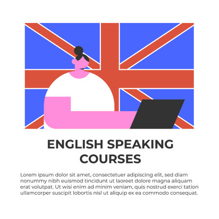 UK flag on English speaking courses or club, international language school for children and adults. Girl work online. Native speaker. Flat vector illustration in cartoon style.のイラスト素材