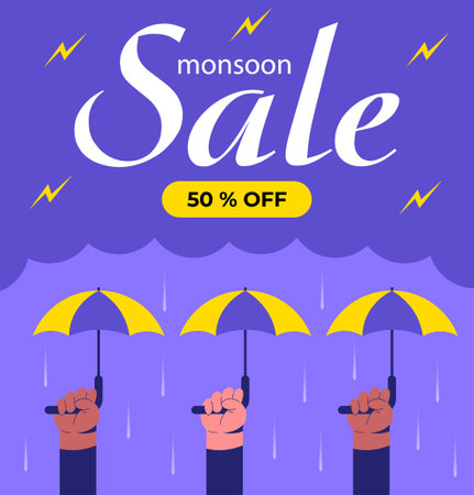 Monsoon Sale Banner. People Hands with umbrella. Design Background Template. Flat Vector Illustration in cartoon style.のイラスト素材