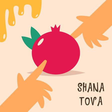 Rosh Hashanah. Jewish New Year. Pomegranate with Jewish hands and honey. Flat vector illustration in cartoon style.のイラスト素材