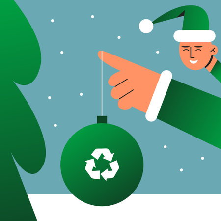 Eco-friendly green Boy Santa Claus hanging gifts made of recycled materials on the Christmas tree. Eco-Christmas concept. Sustainable development and technology. Flat vector illustrationのイラスト素材