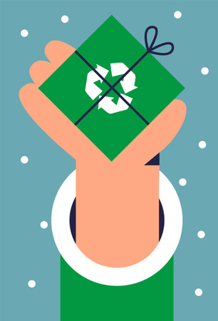 Eco-friendly green Santa Claus hand hanging gifts made of recycled materials on the Christmas tree. Eco-Christmas concept. Sustainable development and technology. Flat vector illusのイラスト素材
