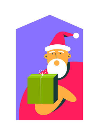 Santa delivering presents from home with delivery service. Claus with giftbox. Flat vector illustration in cartoon style.のイラスト素材