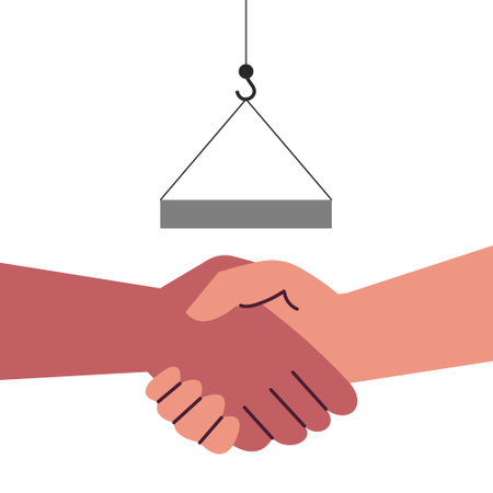 Communication builders handshake. Construction crew meeting, teamwork on construction site. Flat cartoon vector illustration.のイラスト素材