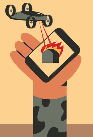 Soldier operating of flying drone by app. Modern technology army military. Flat vector illustration in cartoon style.のイラスト素材