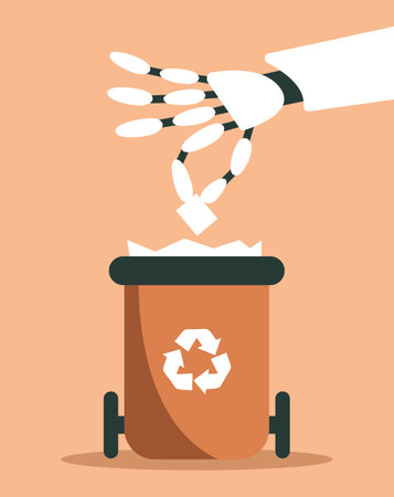 Concept of waste sorting and saving planet Earth. Ai Robot Arm hold Paper trash in trash bin for recycling. Flat cartoon vector Illustration.のイラスト素材