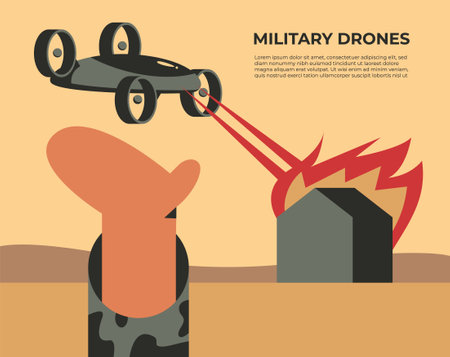 Soldier operating of flying drone. Modern technology army military. House on fire. Flat vector illustration in cartoon style.のイラスト素材
