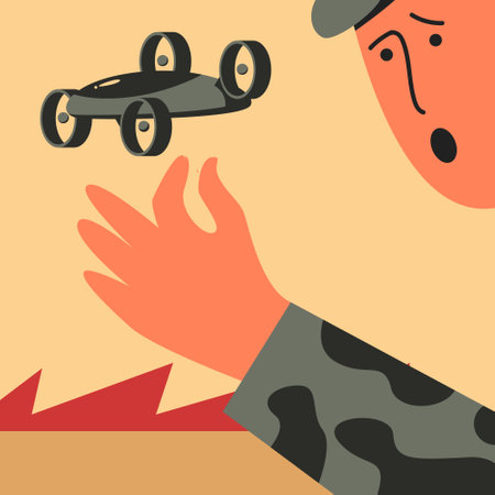 Soldier Man operating of flying drone. Modern technology army military. Flat vector illustration in cartoon style.のイラスト素材