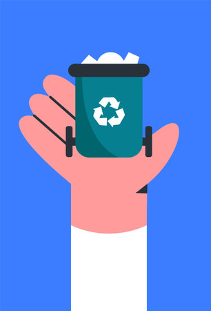 Concept of waste sorting and saving planet Earth. Paper trash in trash bin for recycling in hand. Flat cartoon vector Illustration.のイラスト素材