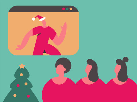 Merry Christmas 2025 greeting via video call. Greetings and online holiday wishes. Flat vector illustration.のイラスト素材