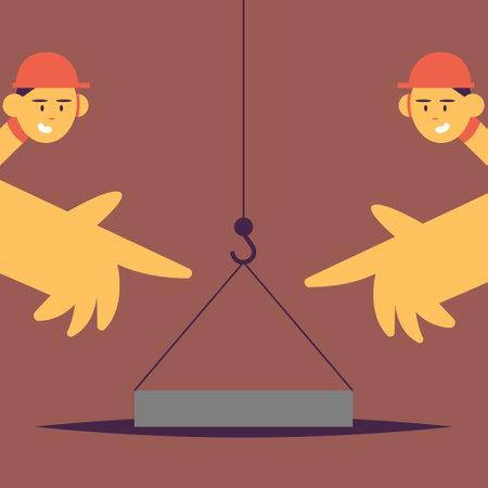 Communication builders with smile. Construction crew meeting, teamwork on construction site. Flat cartoon vector illustration.のイラスト素材