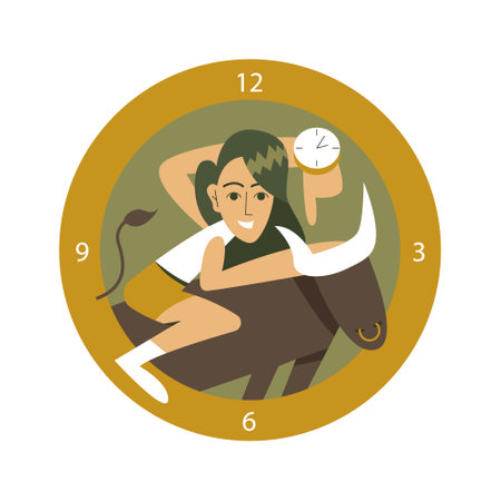 Time management woman. Young girl riding a bull with a watch on her hand and a frame of watches. Organizing an effective work process. Planning and scheduling meetings. Flat vectorのイラスト素材