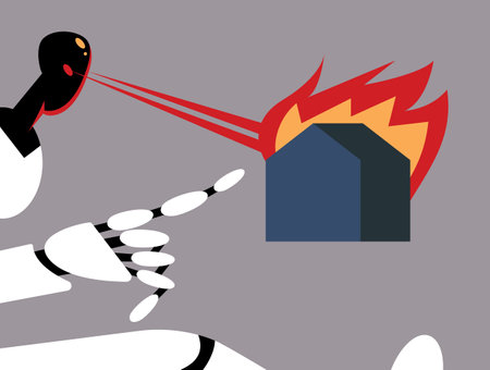 Angry AI White Robot burning building and damaging the city. Evil AI Droid destroying humanity. Flat vector illustration in cartoon style.のイラスト素材