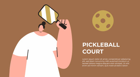 Pickleball game on court. Pickleball player Girl with racket and ball. Sport activity, match, training equipment. Game, serve with racket. Flat vector illustration in cartoon styleのイラスト素材