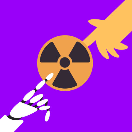 Nuclear power plant using robots with AI and people. Electricity, chemical energy, industrial plants. Nuclear fusion with artificial intelligence. Flat vector illustration in cartのイラスト素材