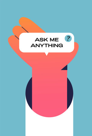 Ask me anything. User interface window with human hand. Flat vector illustration in cartoon style.のイラスト素材