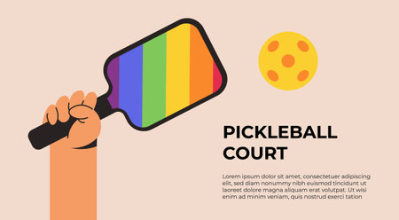Pickleball game on court. Pickleball player with LGBT racket. Sport activity, match, training equipment. Game, serve with rackets. Flat vector illustration in cartoon style.のイラスト素材
