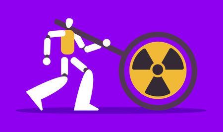 Nuclear power plant using AI Robots. Electricity, chemical energy, industrial plants. Nuclear fusion with artificial intelligence. Flat vector illustration in cartoon style.のイラスト素材