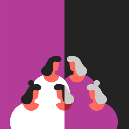 Skin aging group girls. Elderly aging woman with young and old face. For plastic surgery, anti-aging creams or cosmetic procedures advertising. Flat vector illustration in cartoonのイラスト素材