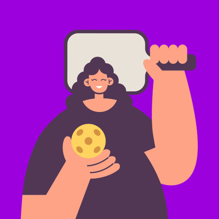 Pickleball game on court with Cute Girl and ball. Pickleball players with rackets. Sport activity, match, training equipment. Game, serve with rackets. Flat vector illustration inのイラスト素材