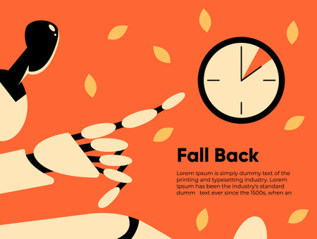 Fall Back. Daylight saving time ends banner with AI Robot wall clock and bright autumn foliage decoration. Set your clocks back one hour on November 3, 2024. Flat Vector illustratiのイラスト素材