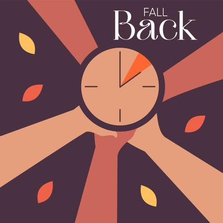 Fall Back. Daylight saving time ends banner with wall clock and bright autumn foliage decoration and people community. Set your clocks back one hour on November 3, 2024. Flat Vectoのイラスト素材