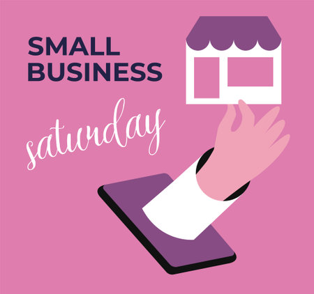 Small business Saturday. App for online shopping. Local Shop support. Banner, card and poster design. Flat vector illustration.のイラスト素材