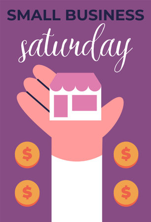 Small business Saturday. Businessman Showing shop on purple background with coins. Local Shop support. Banner, card and poster design. Flat vector illustration.のイラスト素材