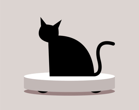 Black Cat Rides on a Vacuum cleaner AI Robot. Housework. Humor situation. Flat vector cartoon illustration.のイラスト素材