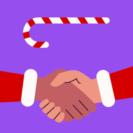 Christmas characters handshake with Candy cane background. Christmas Candy lollipop. Banner, card and poster design. Flat vector illustration.のイラスト素材