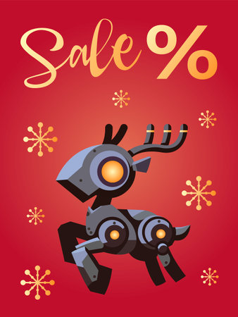 Christmas Discounts and New Year Sales on card with Ai Robot Deer. Flat vector illustration.のイラスト素材