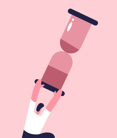 Big Hourglass hold small man. Time management concept, quick reaction. Flat vector illustration.のイラスト素材