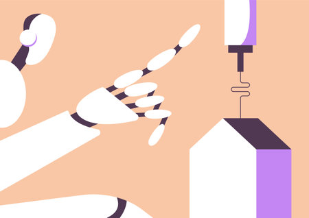 House 3d printing with AI Robot. Making a house model on a 3d printer. Flat vector illustration.のイラスト素材