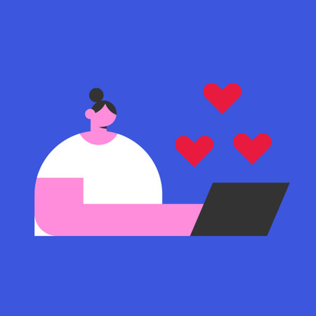 Happy Woman got many likes on her social media post. Flat vector illustration on blue background.のイラスト素材