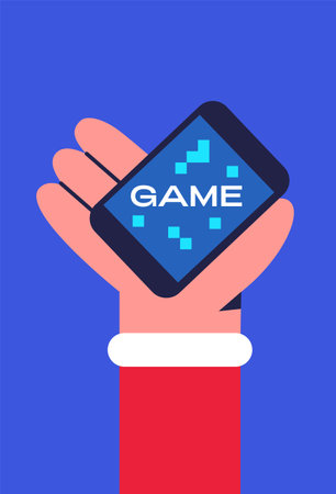 Santa gamer playing video games on phone. Flat vector illustration.のイラスト素材