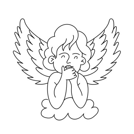 Little angel cupid vector retro style engraving black and white line art. Flat vector illustration on white background.のイラスト素材