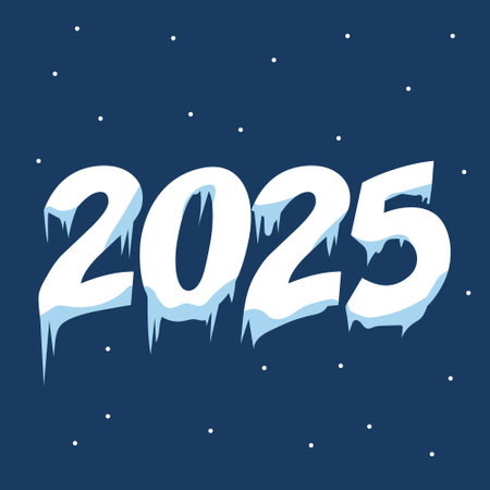 Happy New Year 2025 Snow Ice Text. Number with winter style effect. Flat vector illustration in cartoon style.のイラスト素材