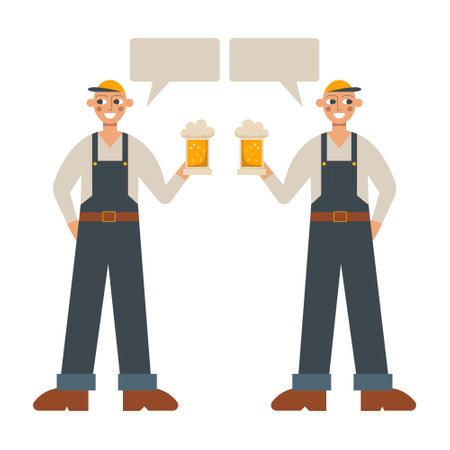 Two People hold, cheers with beer bottles on party. Friends fun, celebrate with alcohol cocktails. Flat isolated vector illustration on white background.のイラスト素材