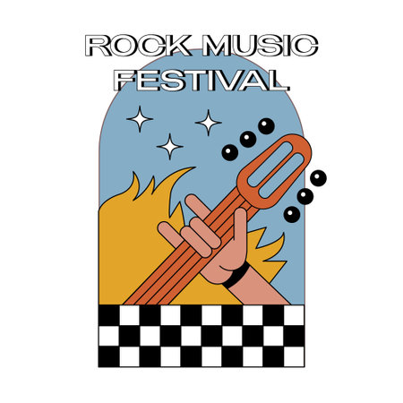 Rock Music Festival retro Poster. Flyer card. Vintage Styled Flat Vector Illustration isolated on white background.のイラスト素材