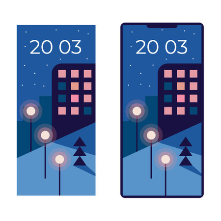 Winter holiday Mobile interface wallpaper design. House with lanterns and snow hill and Christmas tree. Flat vector illustration.のイラスト素材