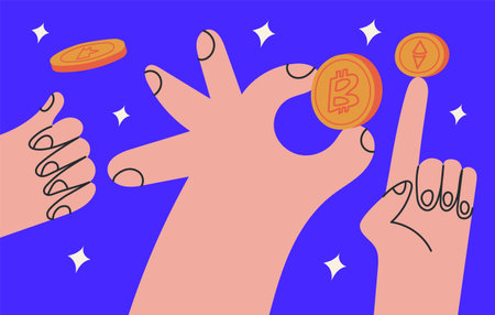 Hands holding Bitcoin coins. Financial planning, savings, money, cryptocurrency, online payment, digital transaction concept. Flat vector illustration in cartoon style.のイラスト素材
