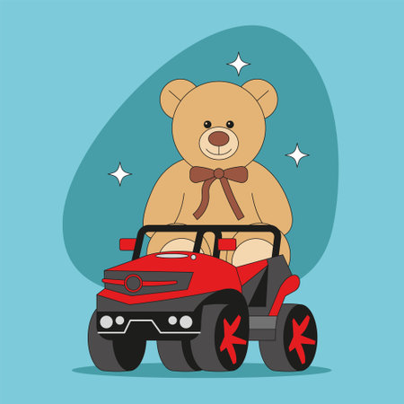 Toy children's car with teddy bear and stars. Flat vector cartoon illustration.のイラスト素材